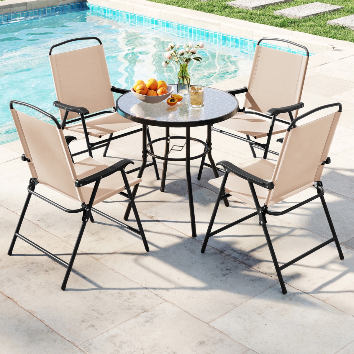 NP12596BE Patio Dining Set with Umbrella & 4 Folding Armchairs - Beige - 6 Piece