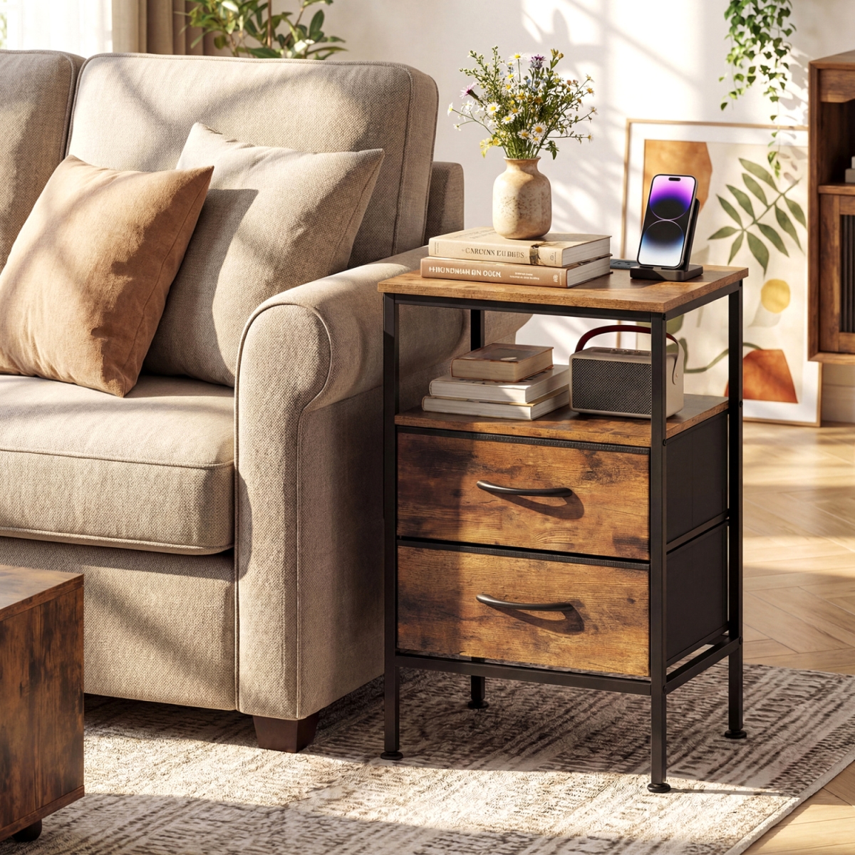 JZ10404US-CF Nightstand with Charging Station 24.5 in. Modern Bedside Table with 2 Fabric Drawers - Rustic Brown