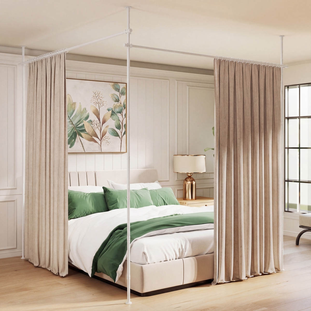 JZ10523WH Room Divider Curtain Rod with Adjustable Floor to Ceiling Tension - Curtains Not Included - White