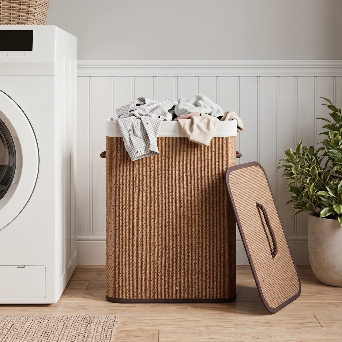 JZ10540CF 19 gal Capacity Bamboo Clothes Hamper with Removable Liner & Portable Handles - Brown