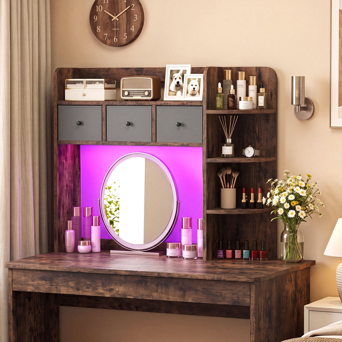 JZ10592TY-CF Desktop Bookshelf with LED Lights 5-Tier Shelves & 3 Drawers for Home Office - Rustic Brown