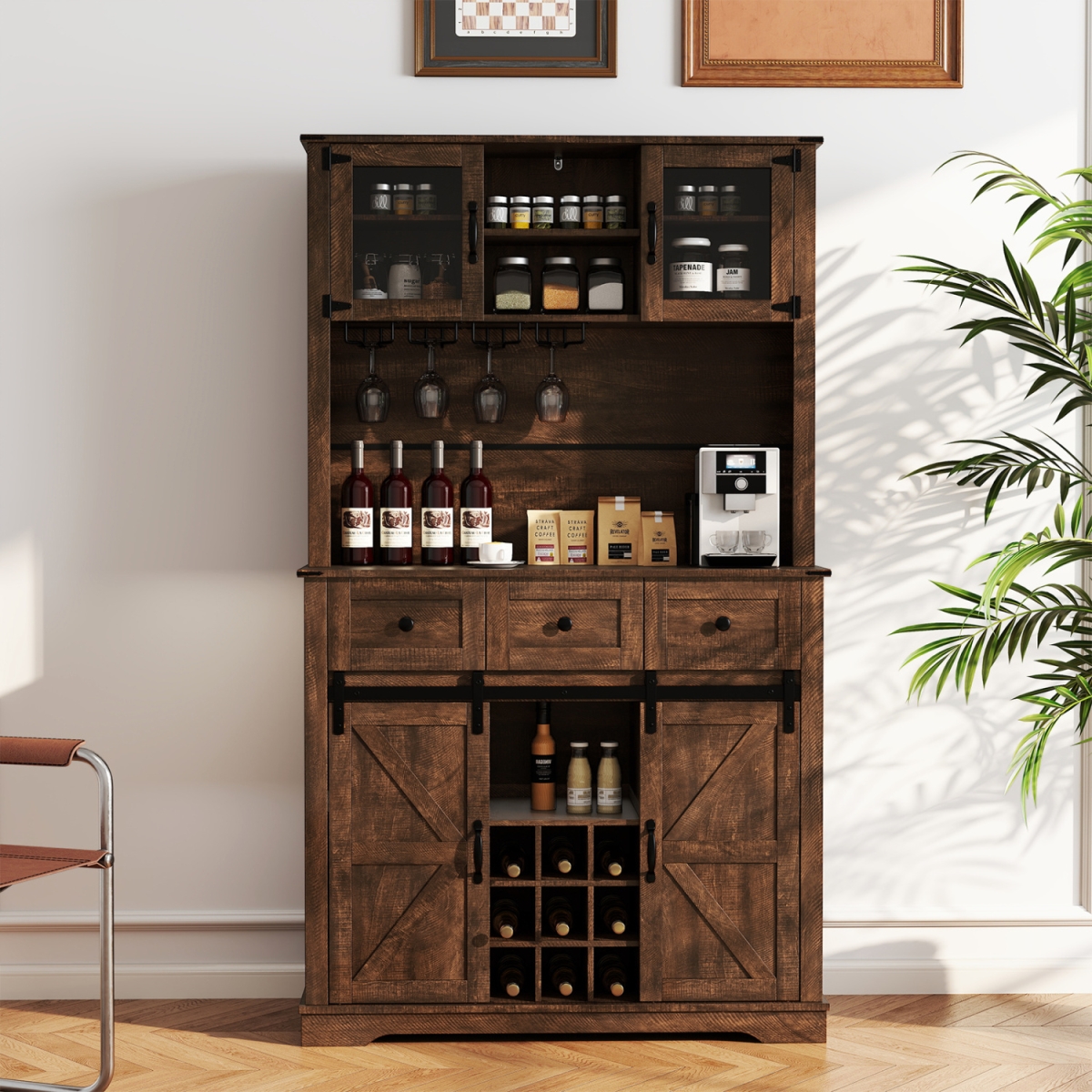 KC55549CF- 72 in. Coffee Bar Cabinet with Drawers & Sliding Barn Doors - Brown