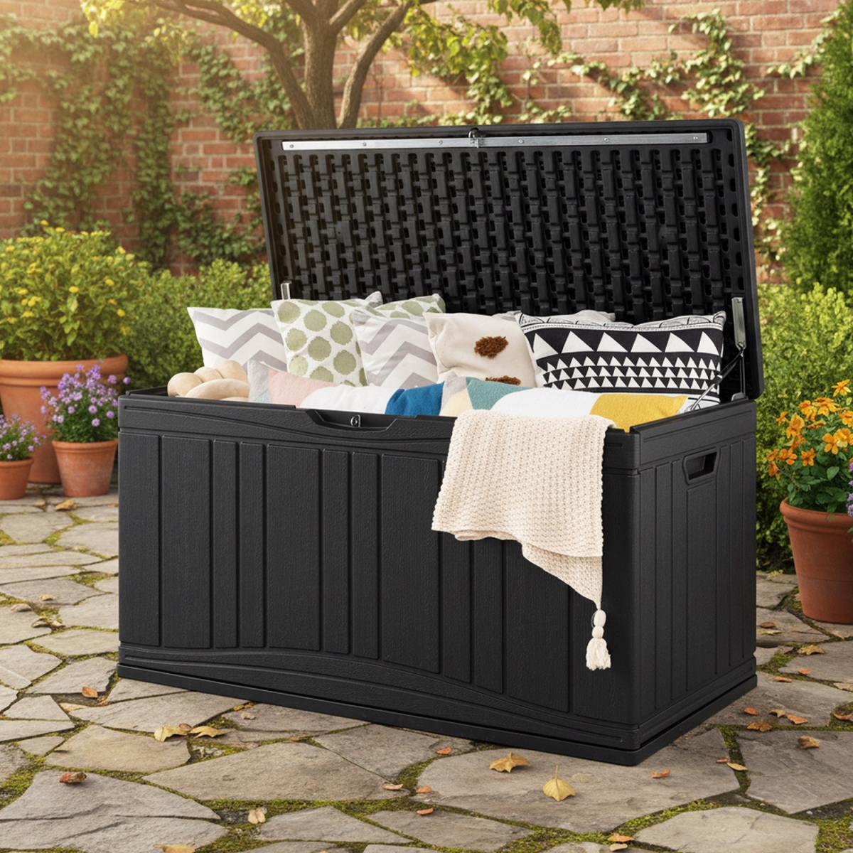 NP12851DK 80 gal Outdoor Deck Box with Lockable Lid for Garden Tools Cushions - Black