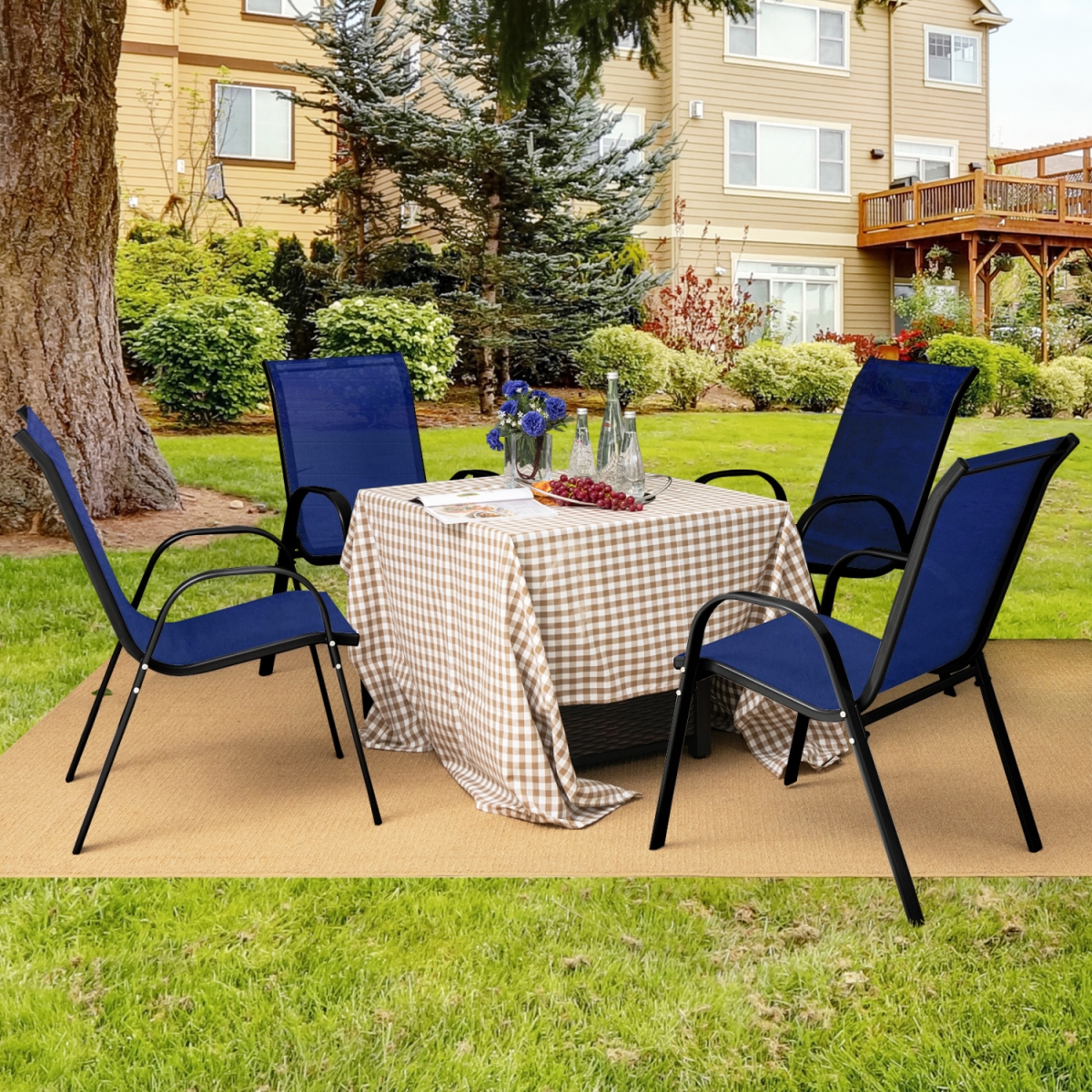 NP12997NY-2 Stackable Patio Dining Chairs Set with Armrest - Navy - Set of 2