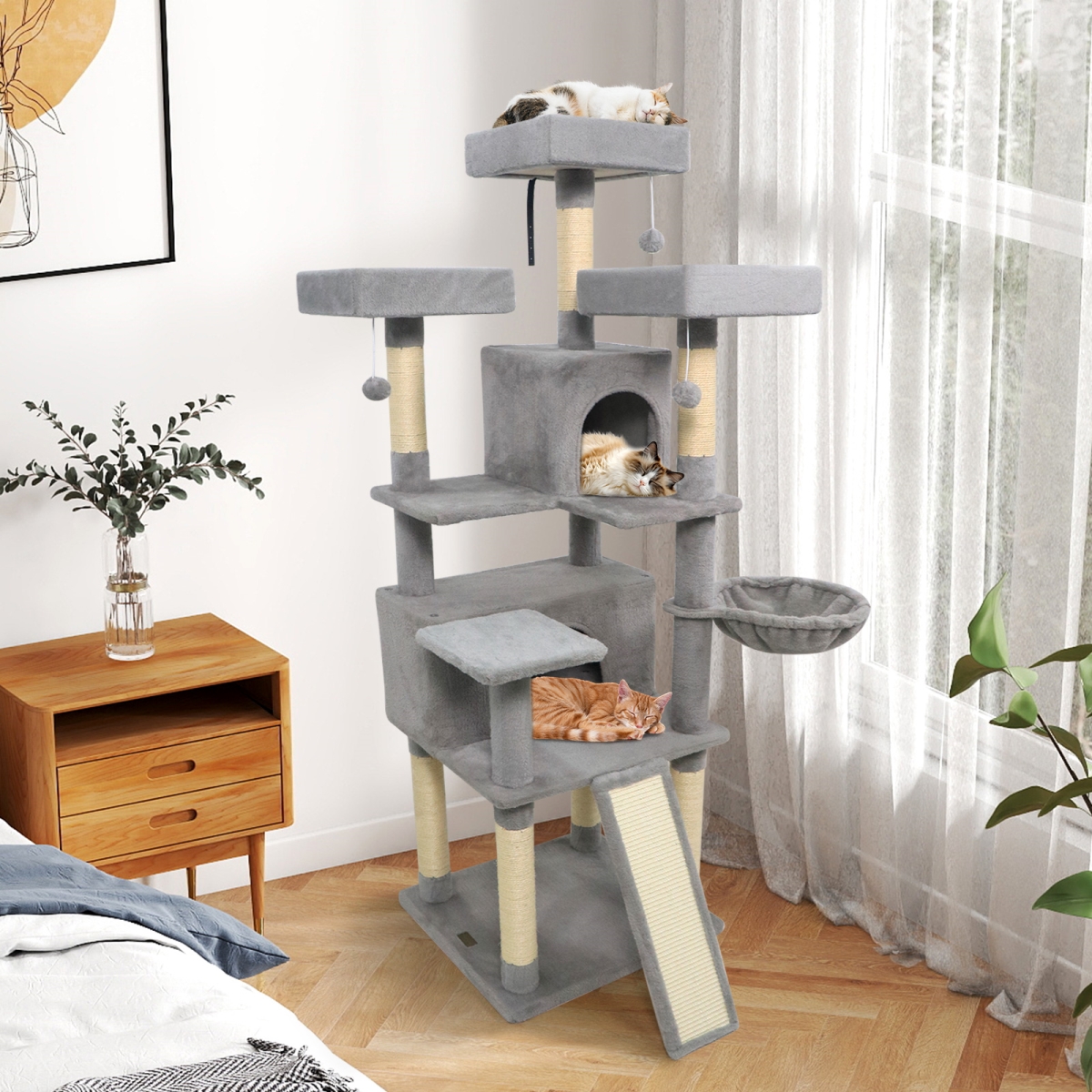 PV10472HS 65 in. Tall Multi-Level Cat Tree with 3 Upholstered Perch & 2 Cat Condos - Light Gray