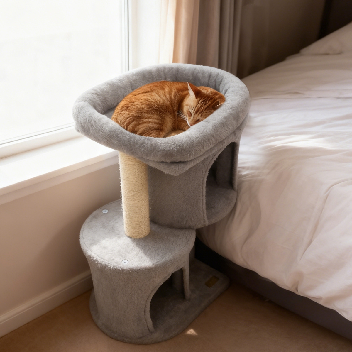 PV10476HS 26 in. Cat Tower with Large Padded Push Perch & Dual Condos - Light Gray