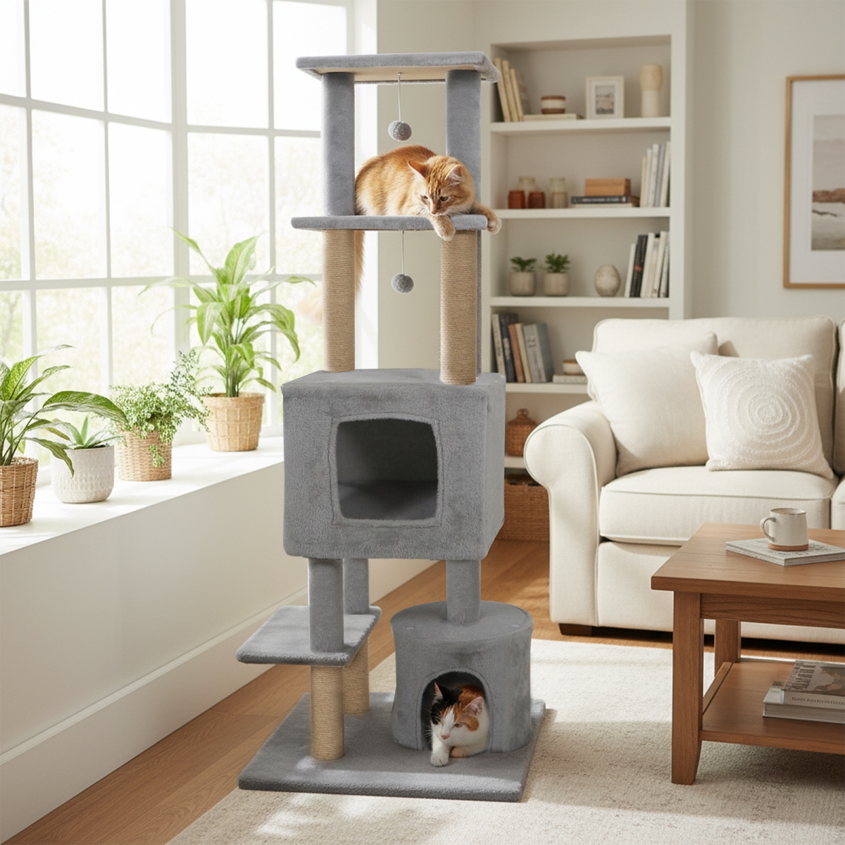 PV10483HS 64 in. Tall Cat Tree with 2 Large Condos & Jute Scratching Posts for Indoor Adult Cats - Light Gray