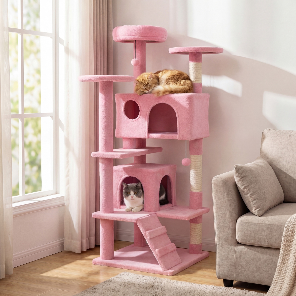 PV10500PI 52 in. Tall Cat Tree Tower for Indoor Cats - Pink