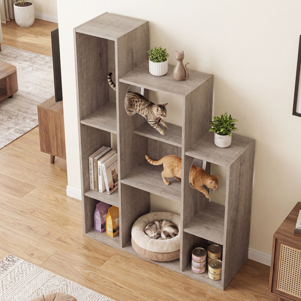 PV10566OA Modern Cat Bookshelf Cat Tree 8-Section Storage Cabinet with 2 Round Holes - Gray Oak