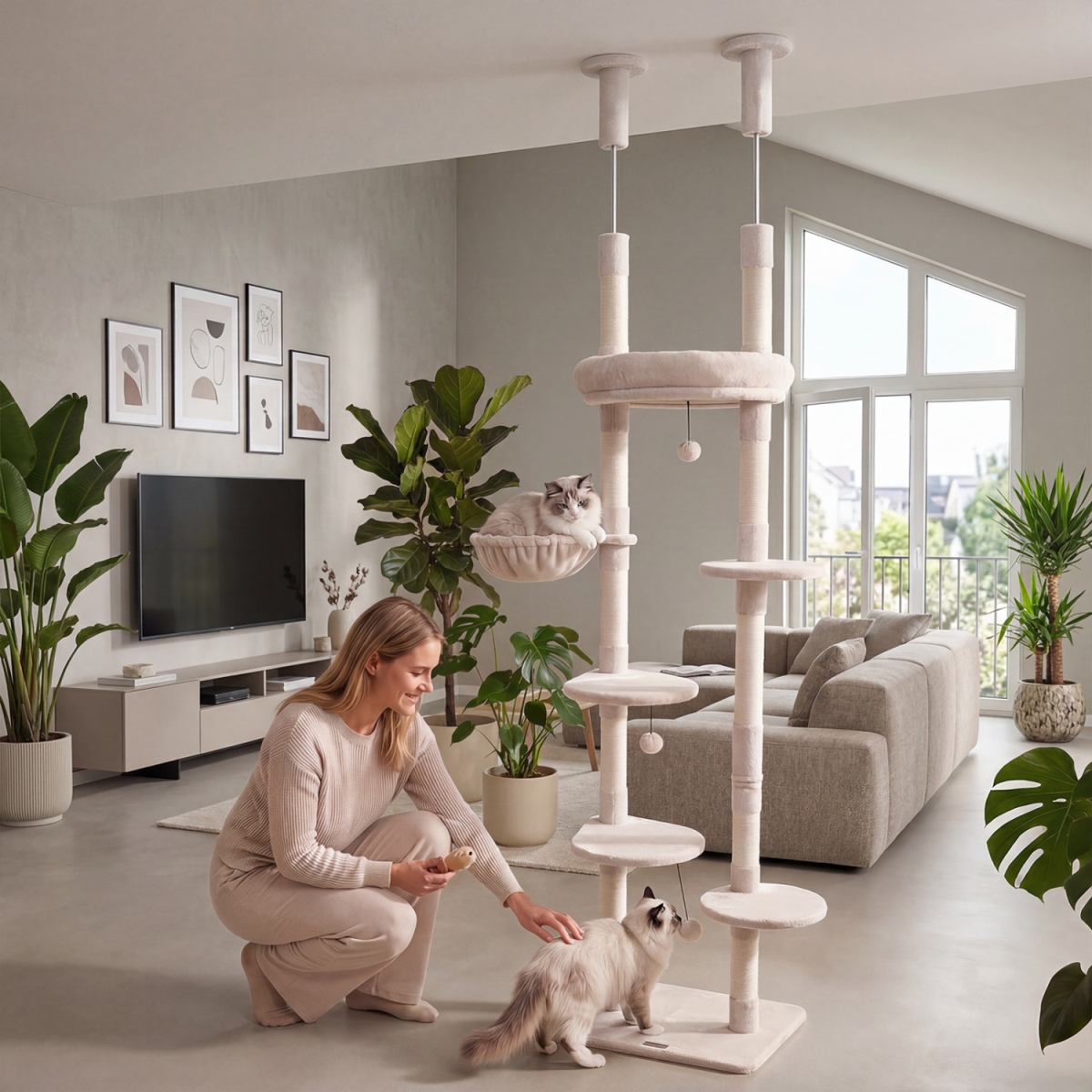 PV10571BE 6-Tier Floor to Ceiling Cat Tree with Plush Bed & Sisal Scratching Posts - Beige