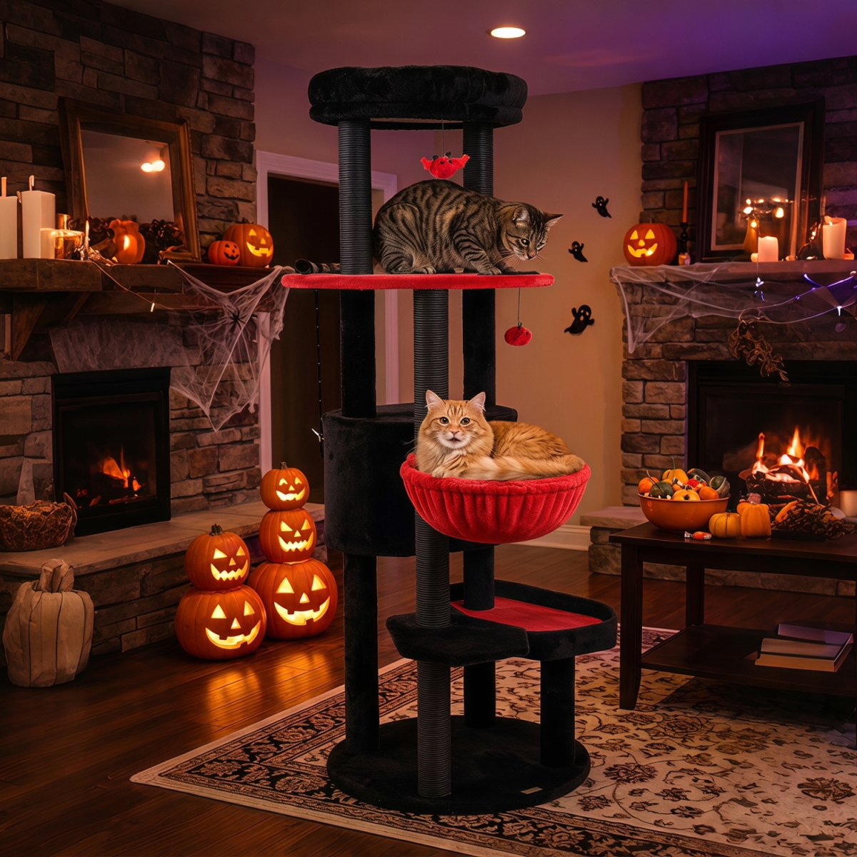 PV10584RE 60 in. Gothic Cat Tower with Plush Perch & Spider Hanging Toys for Black Halloween - Red