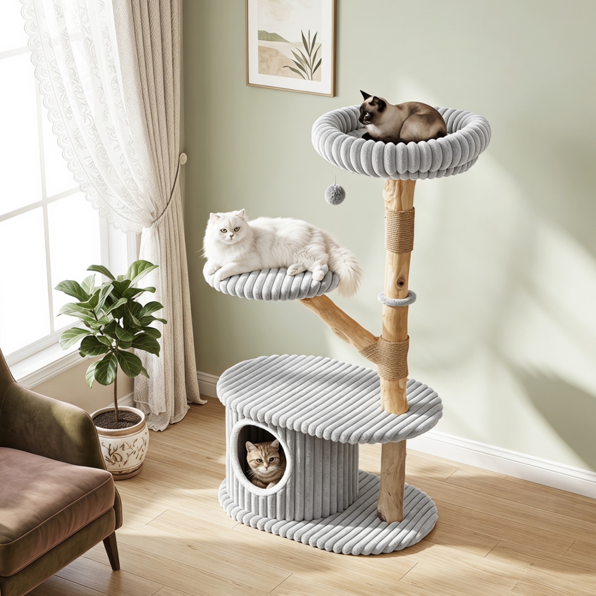PV10609GR 41 in. Tall Modern Cat Tower with Real Wood Branches Scratching Posts for Indoor - Gray