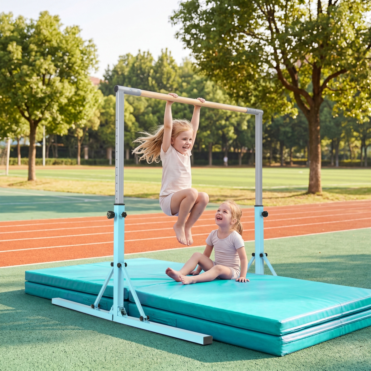 SP38923TD-GN Foldable Gymnastics Bar for Kids with 3-Level Adjustable Heights - Green