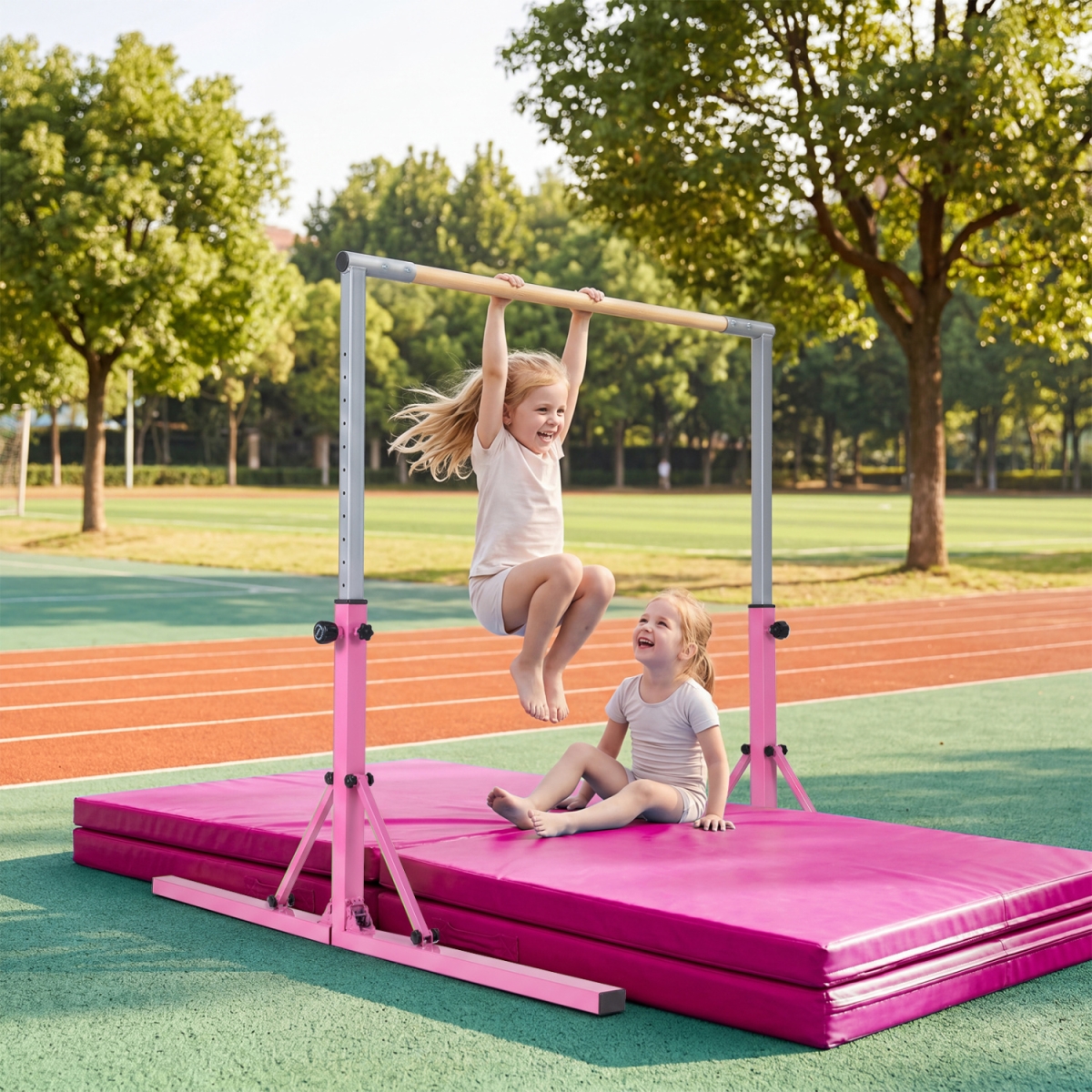 SP38923TD-PI Foldable Gymnastics Bar for Kids with 3-Level Adjustable Heights - Pink