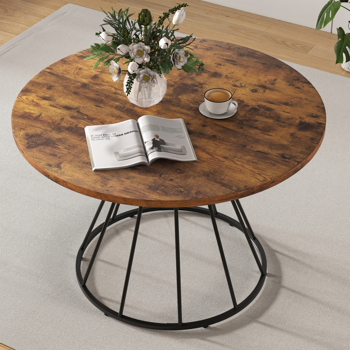 JV12781CF 47 in. Round Dining Table for 4 Farmhouse Kitchen Table with Wooden Tabletop - Brown