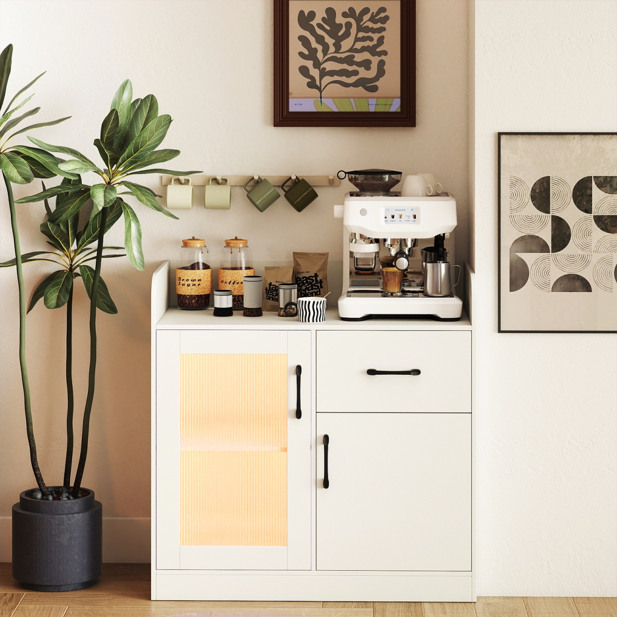 JV12812US-WH LED Buffet Sideboard with Charging Station with Drawer & Translucent Fluted Door - White