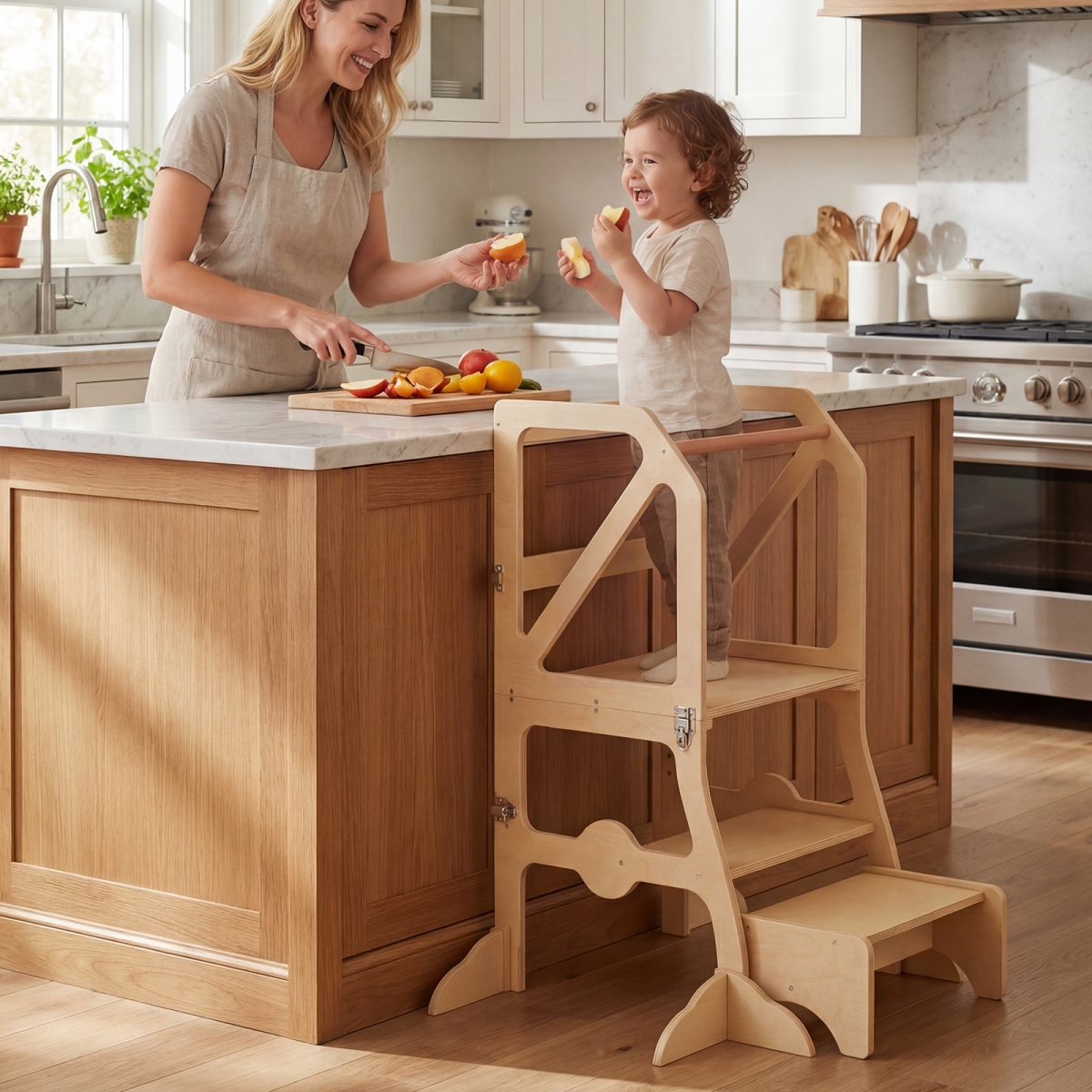 HY10365 Multifunctional Kids Kitchen Step Stool with Removable Safety Bar & Fixing Buckles