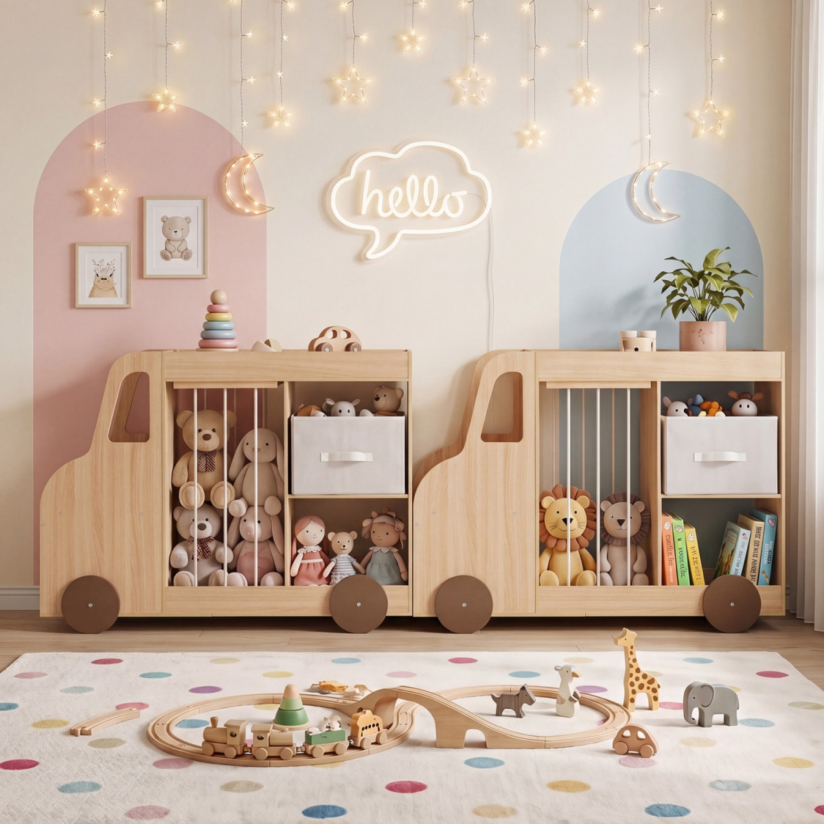 HY10614NA Toy Storage Organizer with Stuffed Animal Fabric Drawer & Universal Wheels - Natural