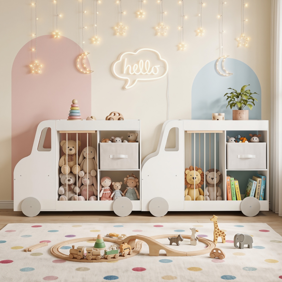 HY10614WH Toy Storage Organizer with Stuffed Animal Fabric Drawer & Universal Wheels - White