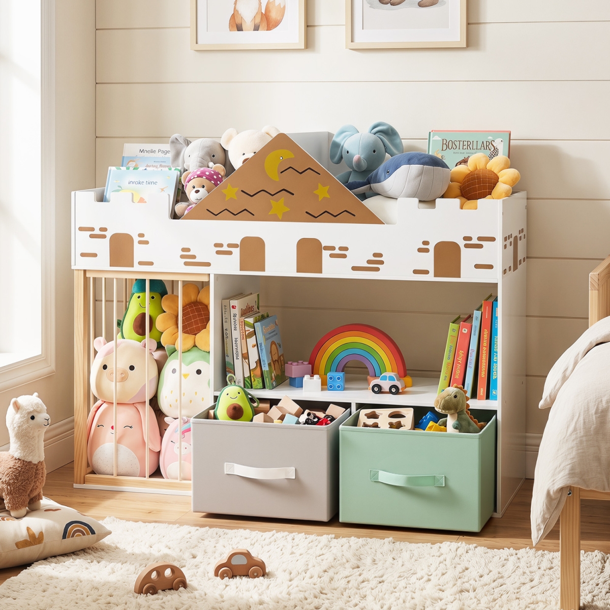 HY10615WH Toy Storage Organizer with Stuffed Animal Storage & Open Shelves - White
