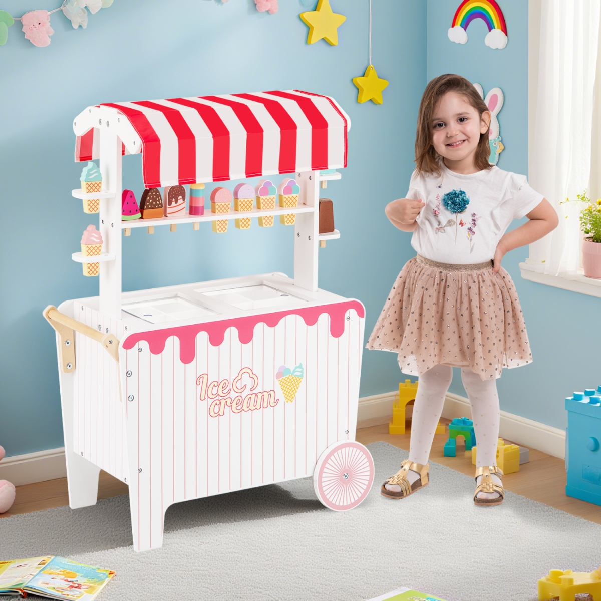 TM10041RE Kids Ice Cream Cart Playset with Display Rack & Accessories - Red