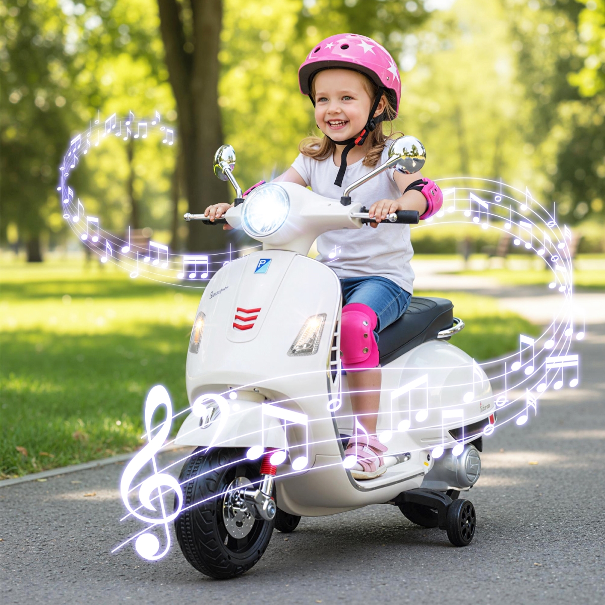 TQ10466US-WH 12V Kids Electric Motorcycle Licensed VESPA with Music & Training Wheels - White