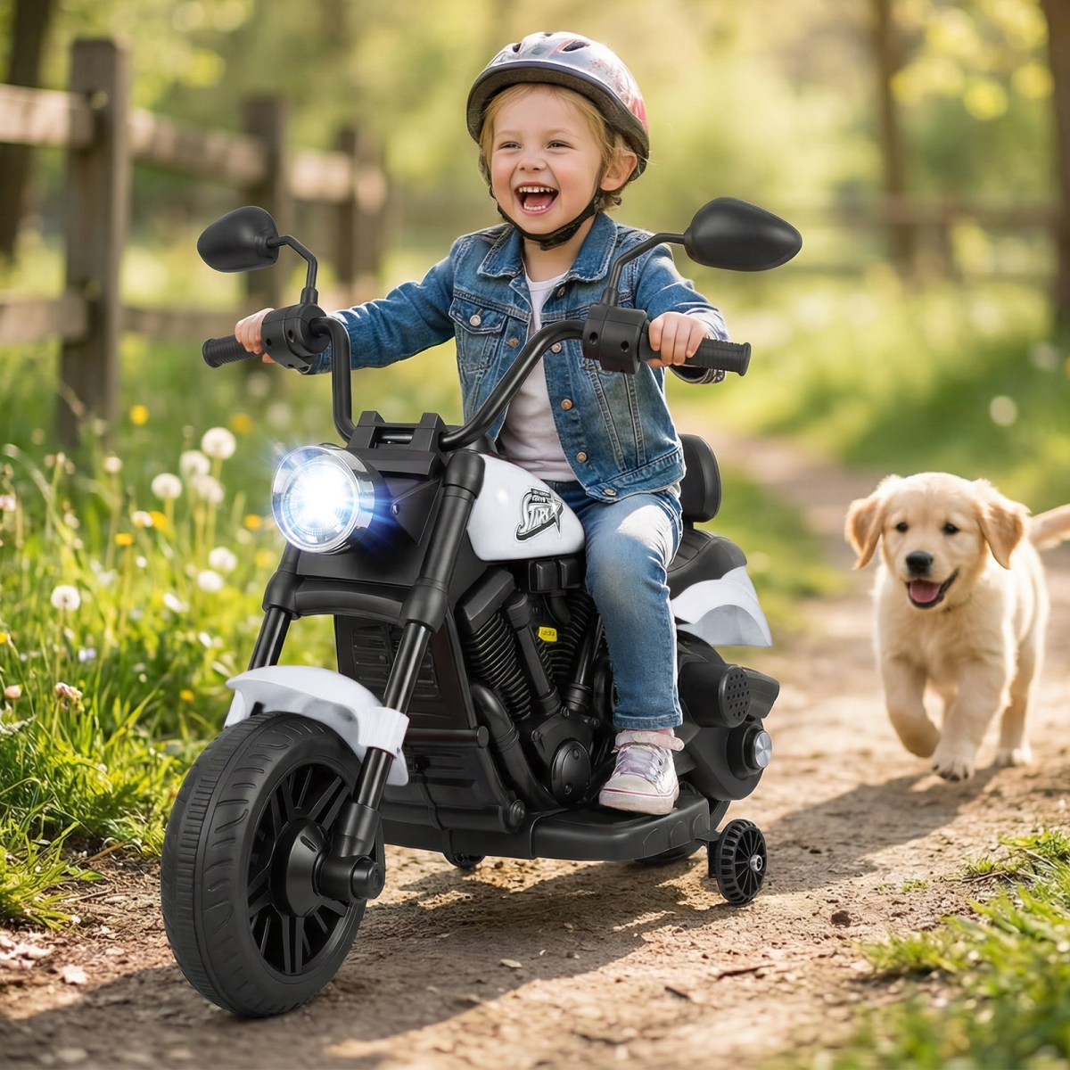 TQ10456US-BS 6V Kids Motorcycle with Headlight & Music & Training Wheels - White