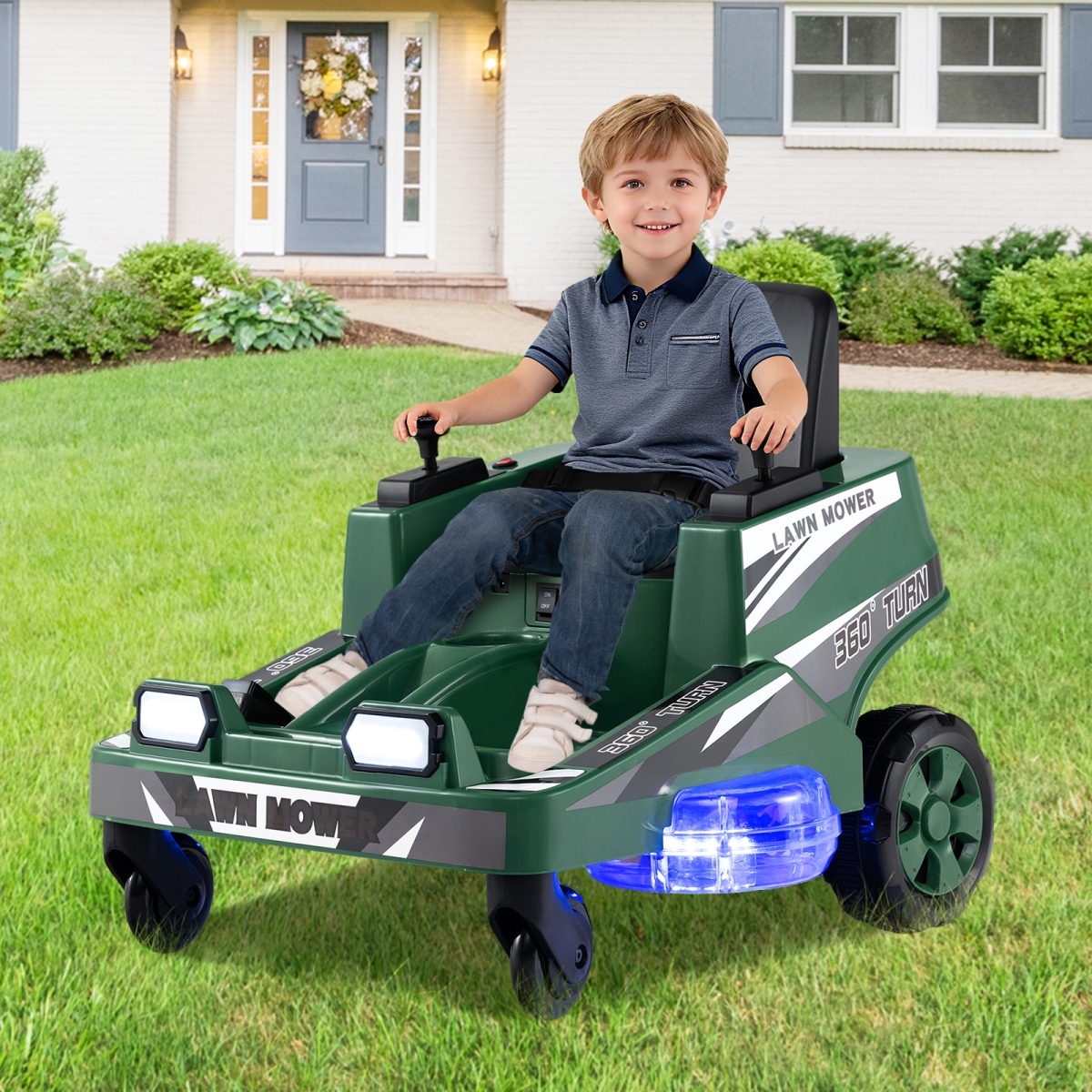 TQ10469US-GN 12V Ride on Lawn Mower for Kids with Dual Control Sticks & LED Lights - Green