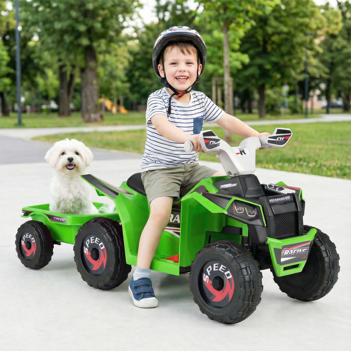 TQ10470US-GN 6V Kids Electric ATV Quad Car with Detachable Trailer - Green