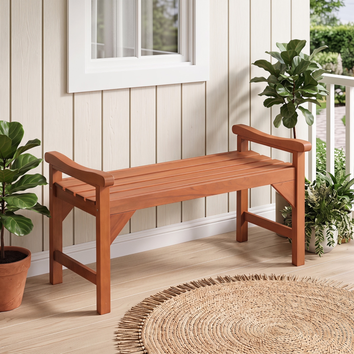 JV14822 Solid Wood Backless Garden Bench with Support Handles & Curved Slatted Seat for Deck