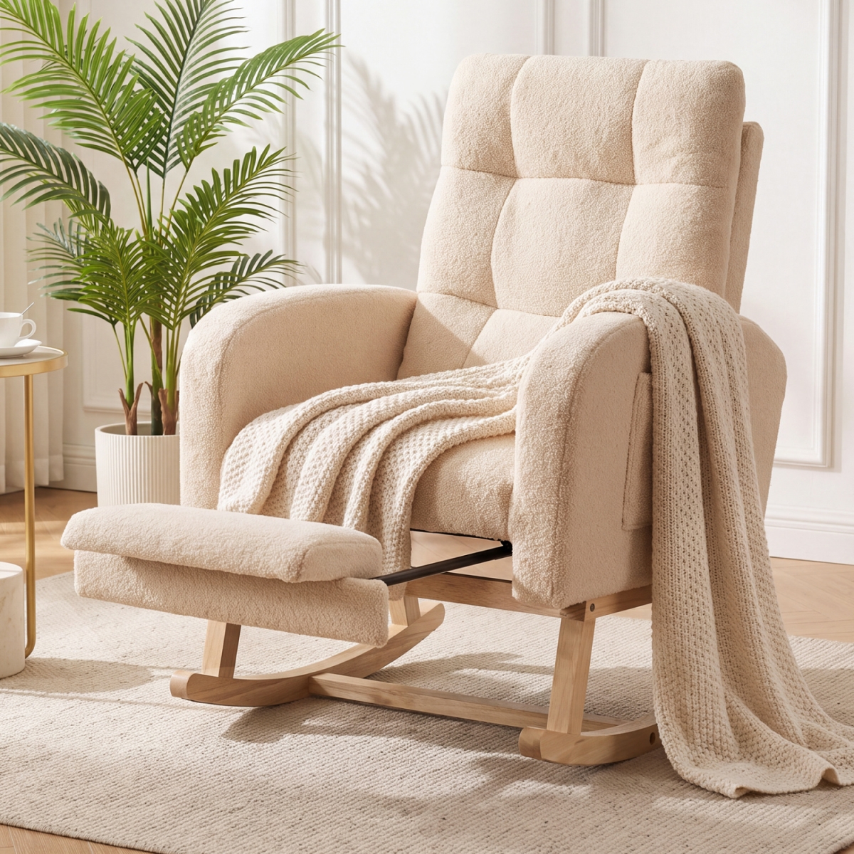 JV14855AP Teddy Upholstered Rocking Chair with Retractable Footrest - Beige
