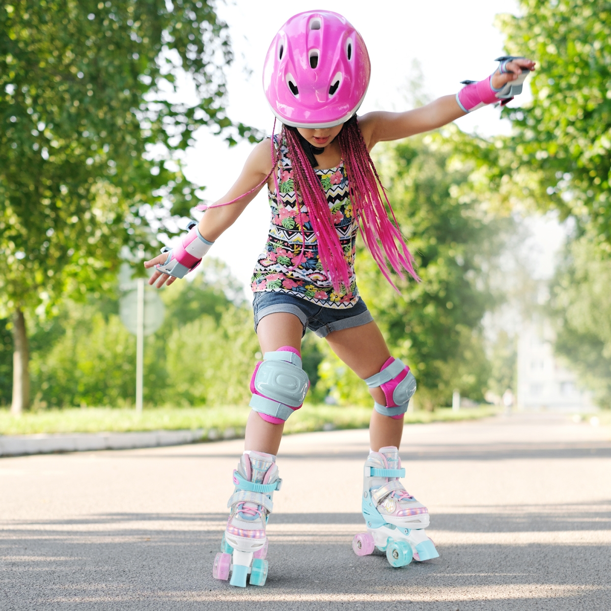 TS10299NY Kids Roller Skates 4 Sizes Adjustable Quad Skates with Light-Up Wheels & Safety Protection - Navy