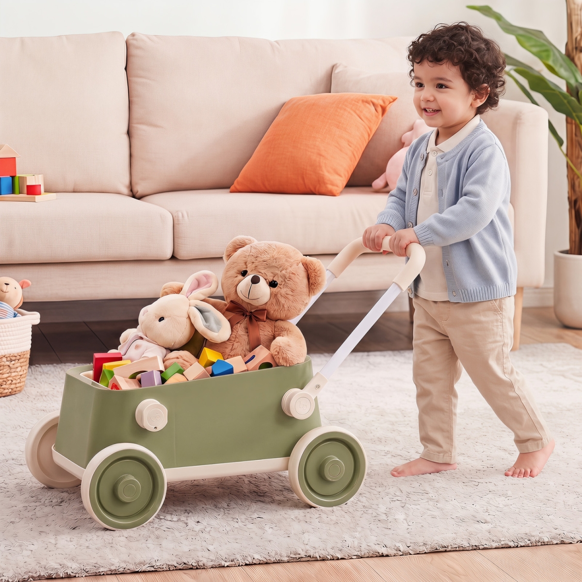 TQ10527GN Baby Push Walker with Wheels & Foldable Handlebar & Storage Basket - Green