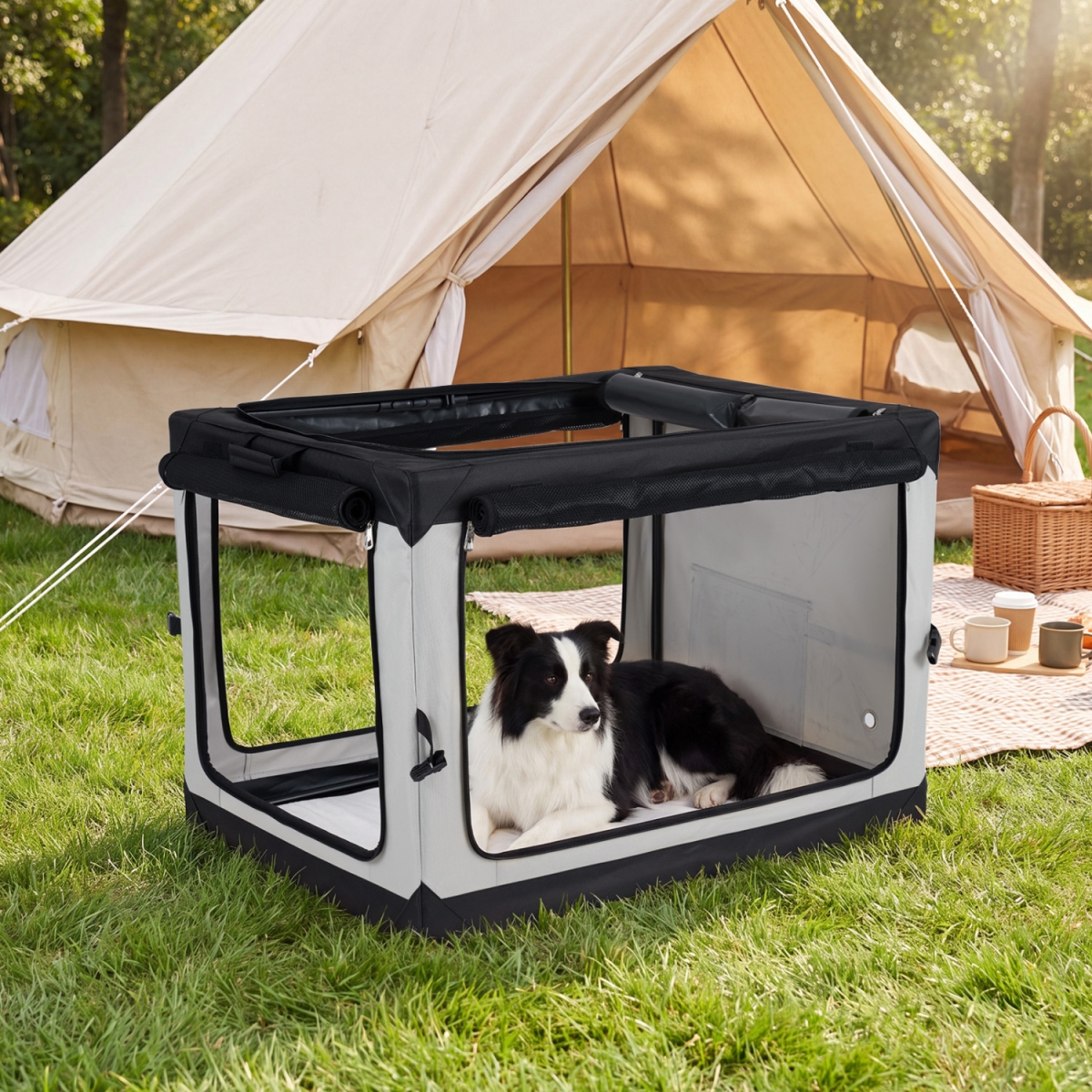 PU10166 Portable Collapsible Soft Dog Crate for Dogs with 4 Mesh Doors Removable Mat & Storage Pocket - Black & Light Gray - Large