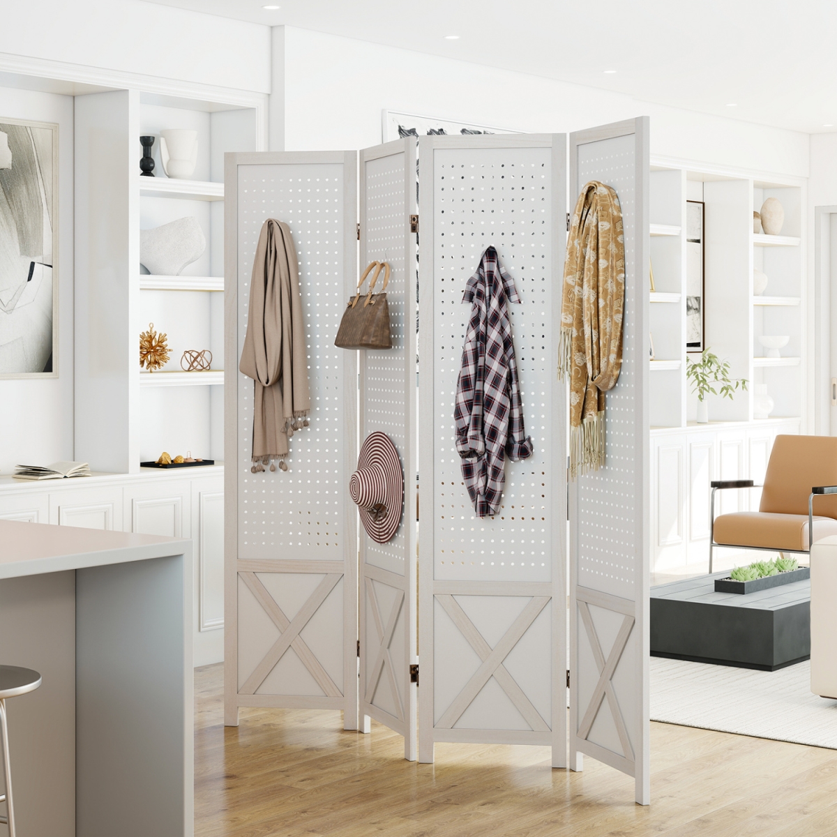JV12010-4 4-Panel Pegboard Room Divider 67 in. Tall Foldable Privacy Screen - White