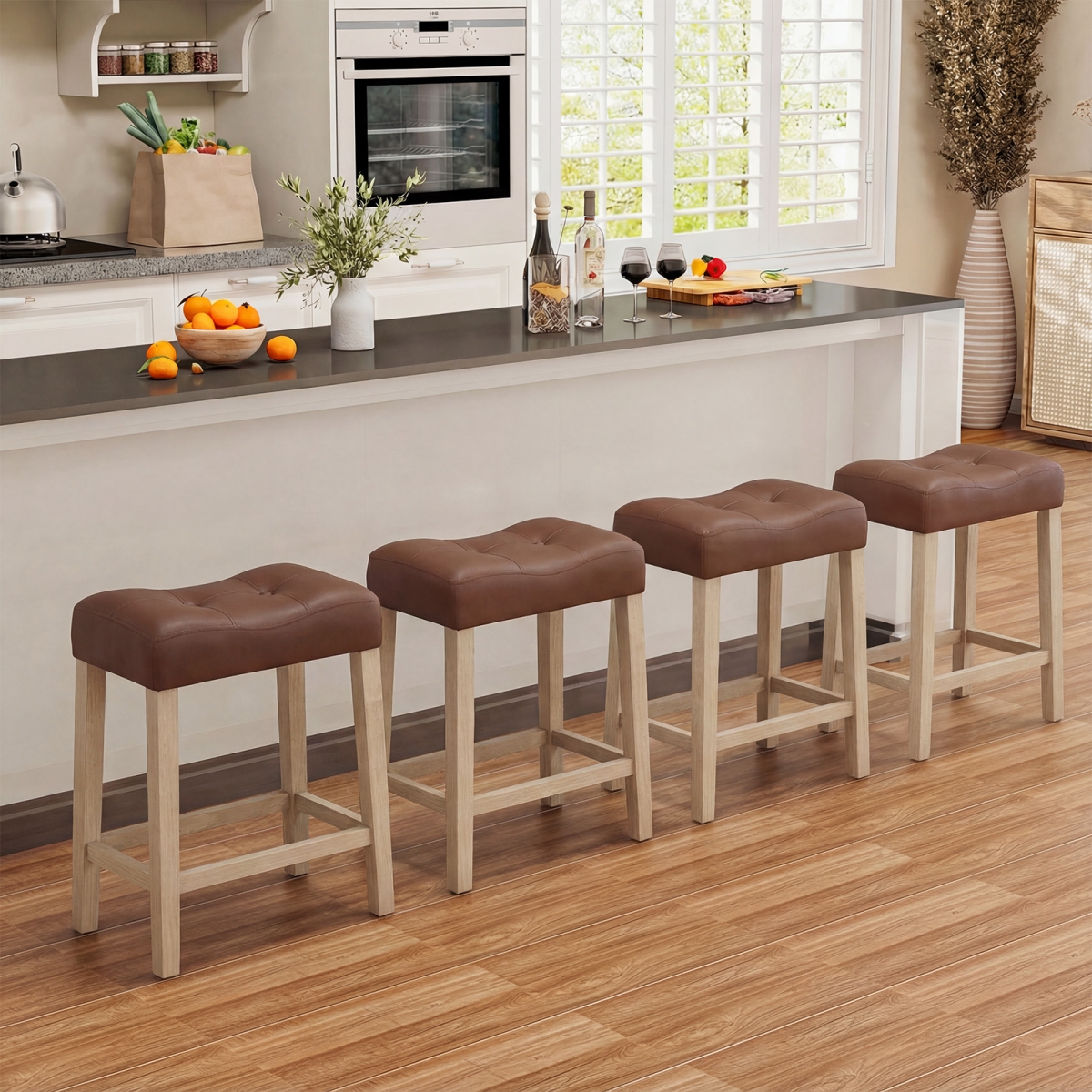 JV12052NA-4 Upholstered Counter Height Bar Stool with Curved Saddle-Seat - Natural - Set of 4