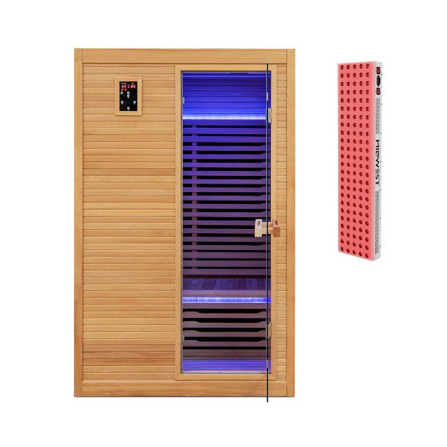 JV12071US- 2 People Far Infrared Wooden Sauna Room with Free Red Light Therapy for Home