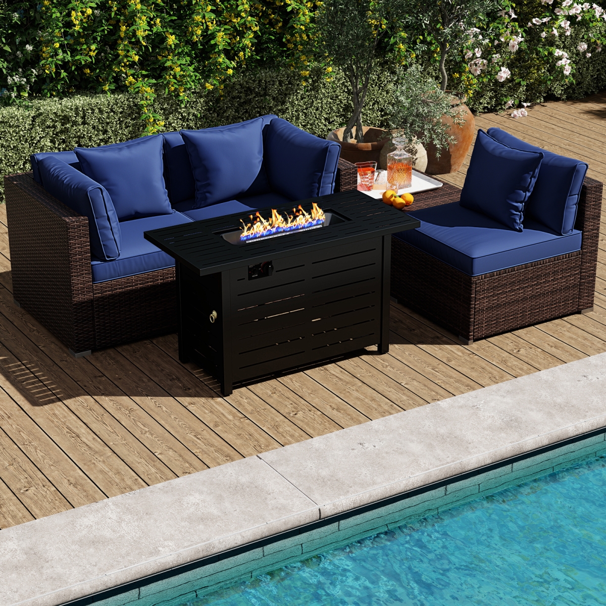 OP70370-HW66750ANY- Heavy-Duty Frame Rattan Sofa Set with 60000 BTU Firepit Table - Navy
