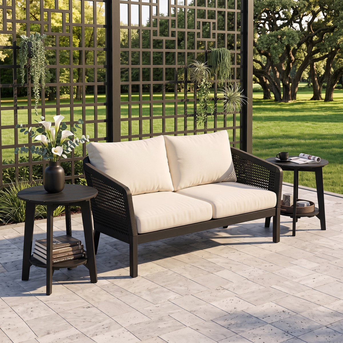 JV14662DK-2 2-Tier Outdoor Eucalyptus Wood Side Table with Slatted Tabletop & Storage Shelf for Backyard - Black - Set of 2