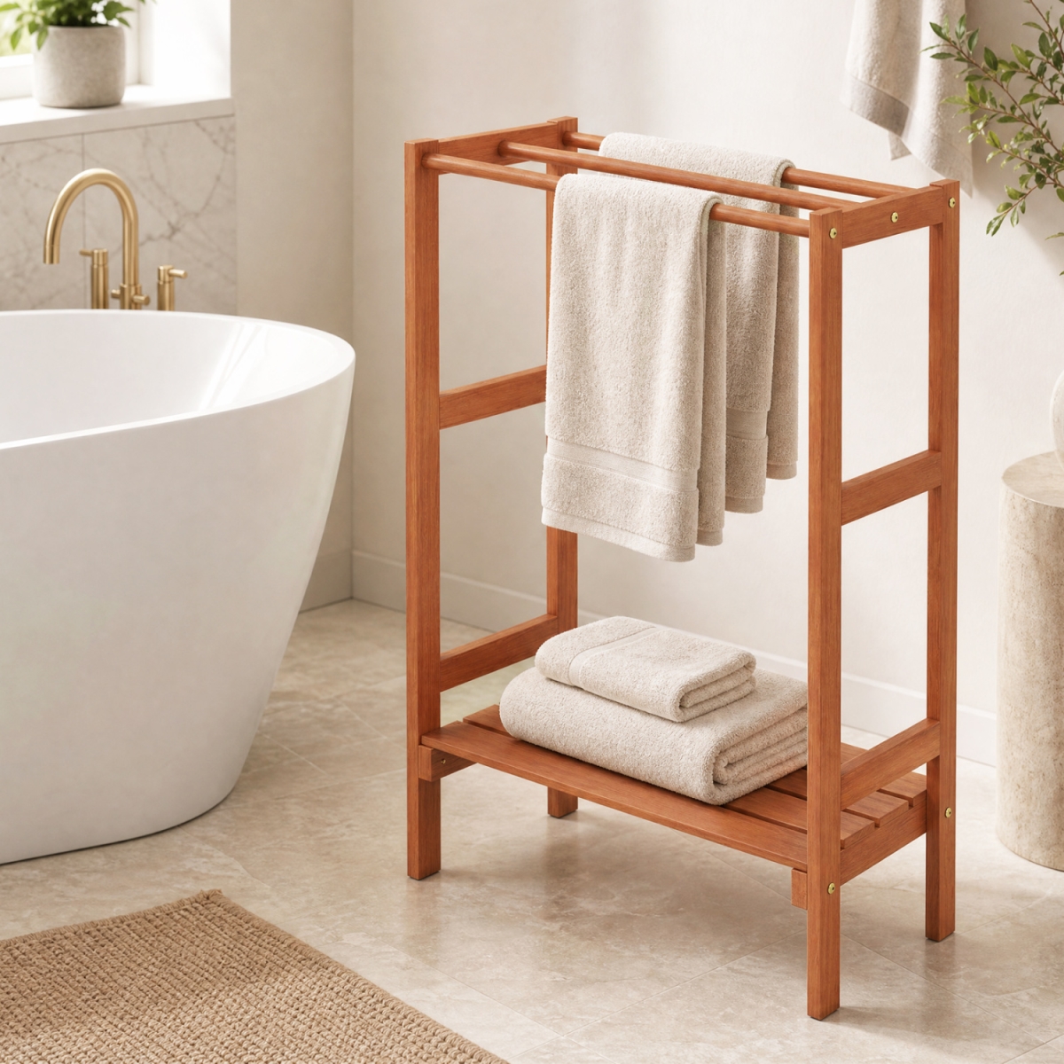 JV14849 Freestanding Towel Rack with 3 Hanging Bars & Bottom Shelf for Bathroom Laundry - Natural
