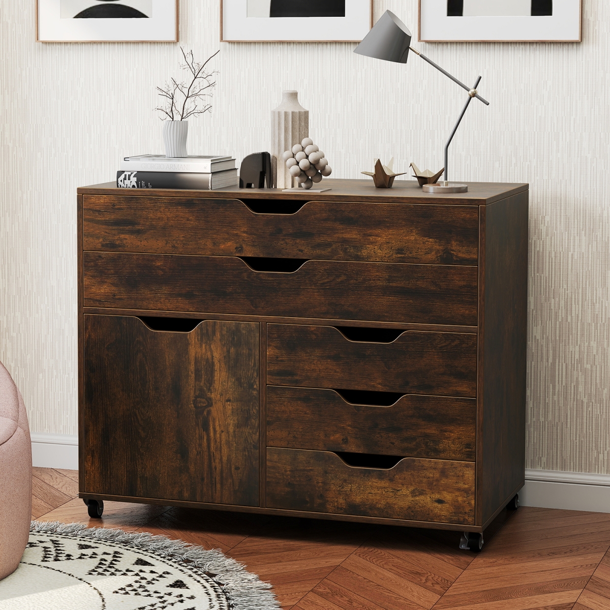 JZ10295CF Modern Vertical 5-Drawer Mobile Chest with Door 5 Casters - Brown