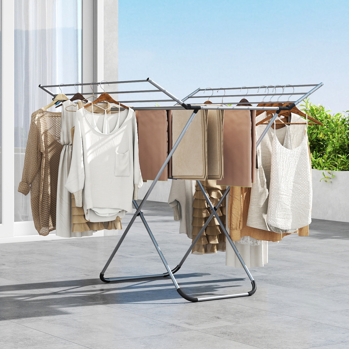 JZ10467 Folding Aluminum Clothes Drying Rack with 2 Side Wings