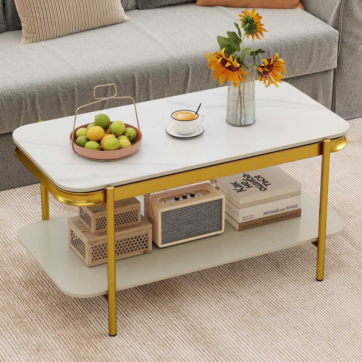 JV13340WH 2-Tier Modern Rectangular Coffee Table with Sintered Stone Top - White