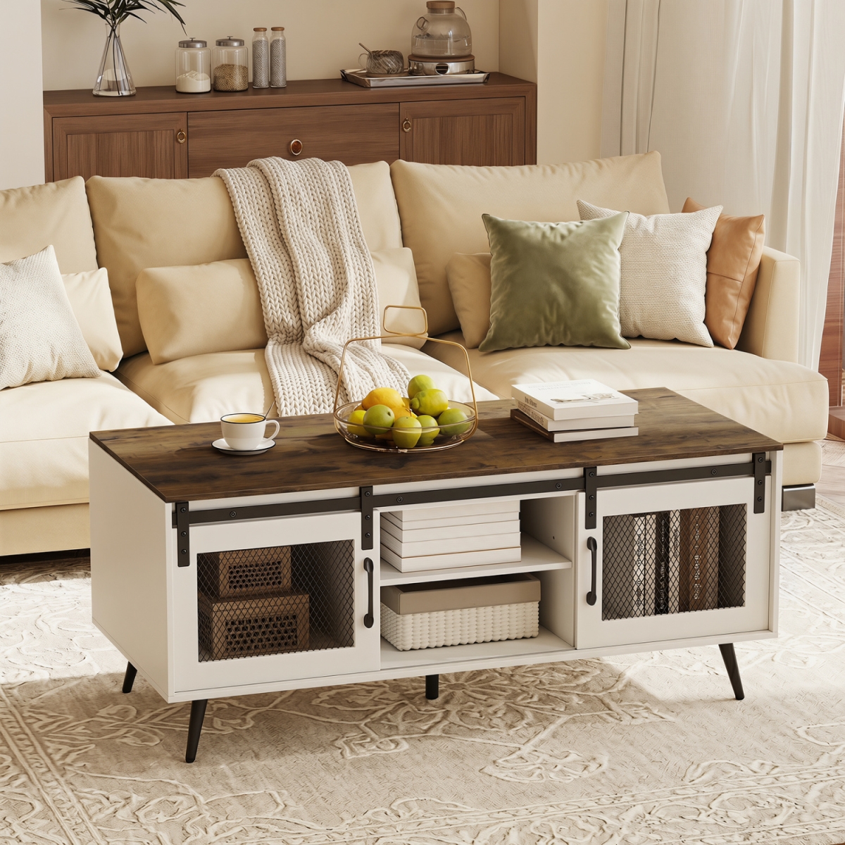 JV13360CF Farmhouse Coffee Table with Sliding Doors Rectangular with Adjustable Shelf - Rustic Brown