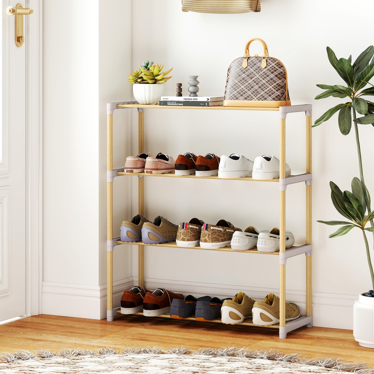 JV13431GR Solid Wood Shoe Rack with Slatted Open Shelves - Natural & Gray - 4 Tier
