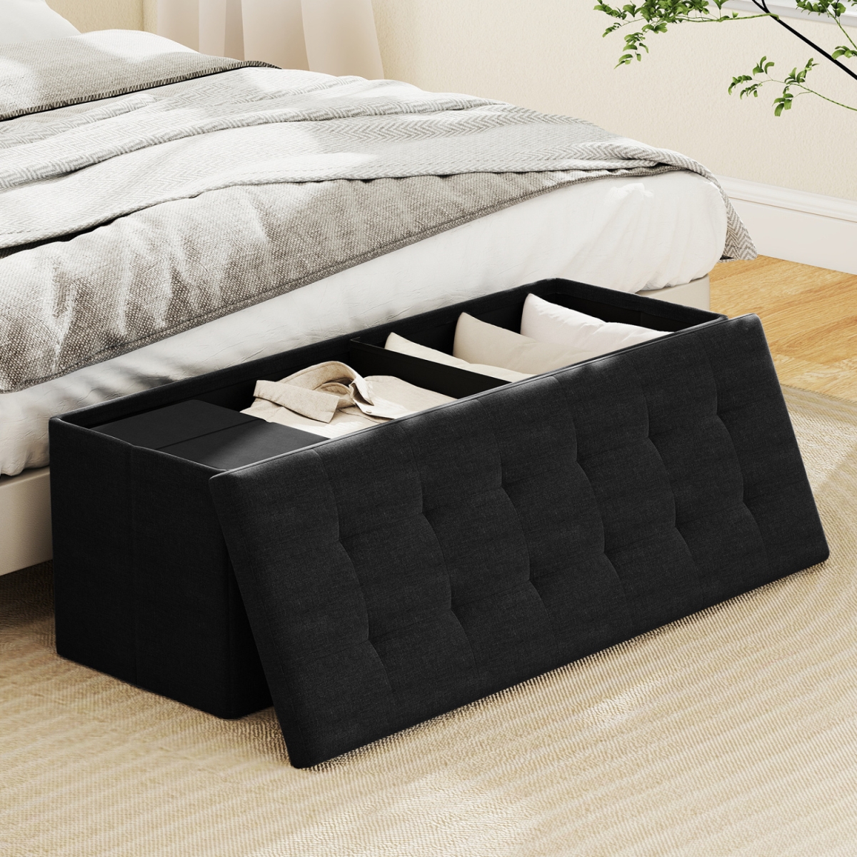 JV13444HS 43 in. Folding Storage Ottoman Bench with Padded Seat - Black
