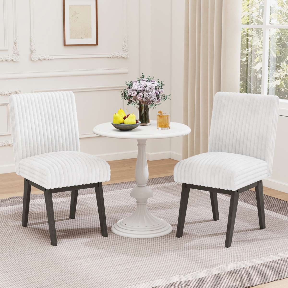 JV13504GR Dining Chairs Fabric Upholstered Kitchen Chairs with Padded Seat & Rubber Wood Legs - Gray & White - Set of 2