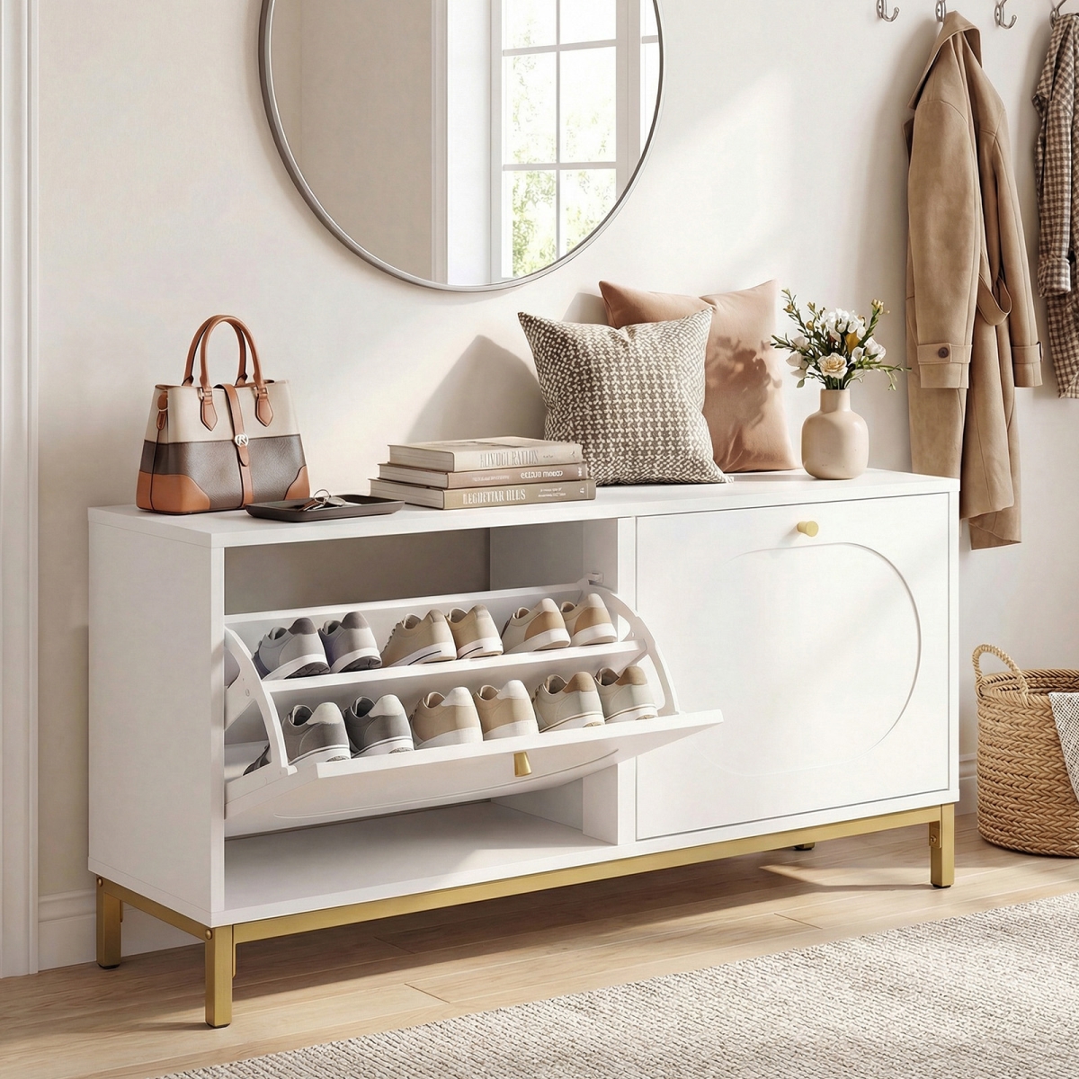 JV13628WH Shoe Storage Bench Narrow Entryway Bench with 2 Flip Drawers Adjustable Shelves - White