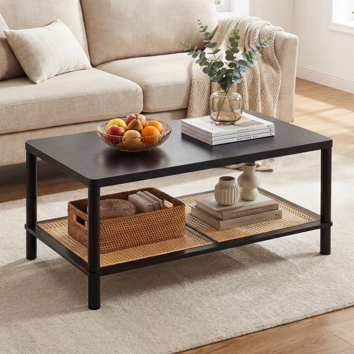 JV13652DK 2-Tier Boho Coffee Table for Living Room Rectangular Center Table with Rubber Wood Frame & PVC Rattan Storage Shelf - Black