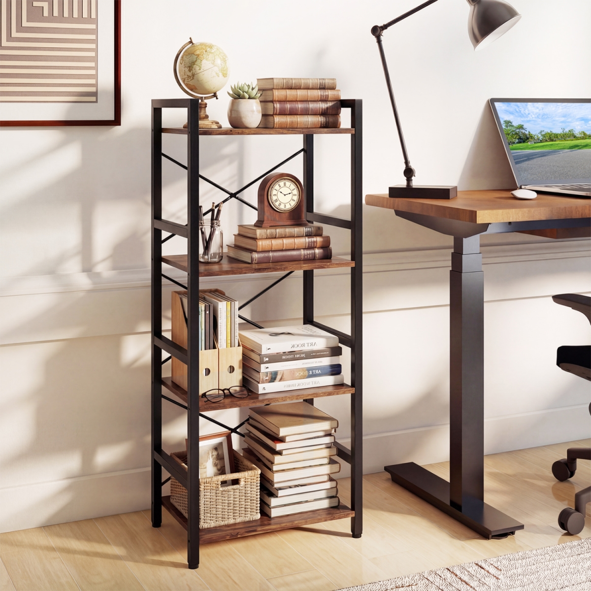 JV13736CF 4-Tier Bookshelf Narrow Freestanding Display Shelf with Metal Frame - Rustic Brown